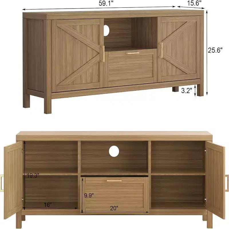 Meuble TV de style rustique pour téléviseurs jusqu'à 65 po avec porte et tablettes réglables