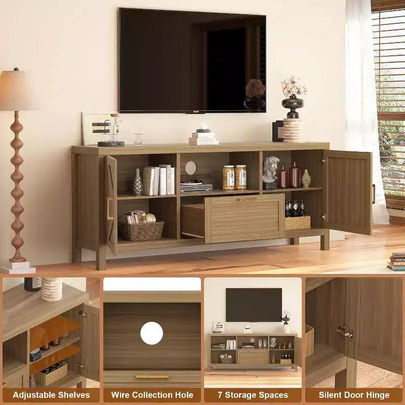 Meuble TV de style rustique pour téléviseurs jusqu'à 65 po avec porte et tablettes réglables