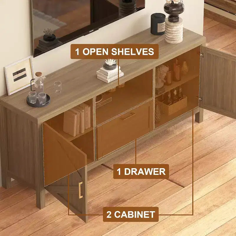 Meuble TV de style rustique pour téléviseurs jusqu'à 65 po avec porte et tablettes réglables