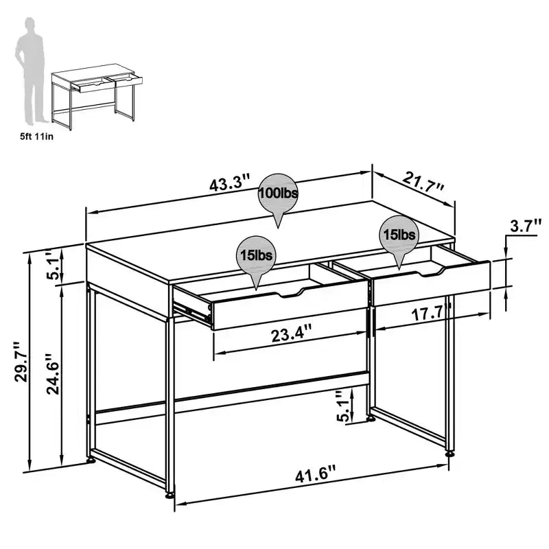 Bureau d'ordinateur de 109 cm avec 2 tiroirs et cadre métallique – Table d'écriture pour bureau à domicile