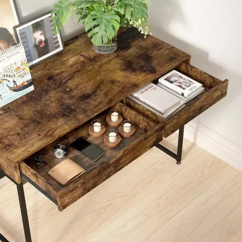 Bureau d'ordinateur de 109 cm avec 2 tiroirs et cadre métallique – Table d'écriture pour bureau à domicile