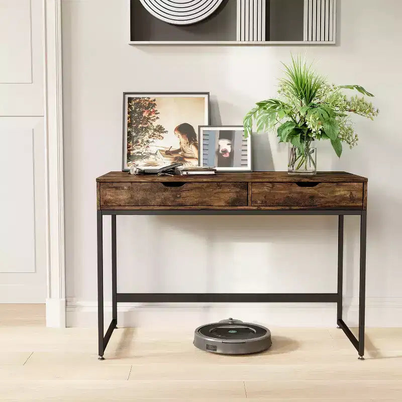 Bureau d'ordinateur de 109 cm avec 2 tiroirs et cadre métallique – Table d'écriture pour bureau à domicile
