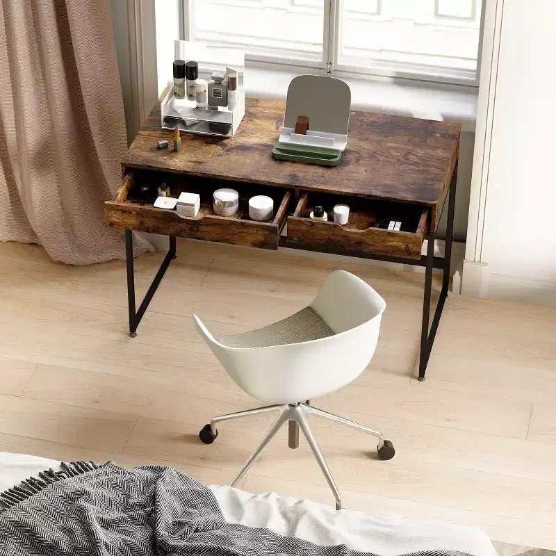 Bureau d'ordinateur de 109 cm avec 2 tiroirs et cadre métallique – Table d'écriture pour bureau à domicile
