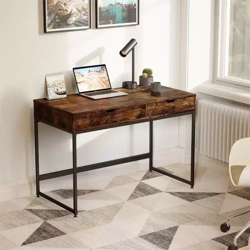 Bureau d'ordinateur de 109 cm avec 2 tiroirs et cadre métallique – Table d'écriture pour bureau à domicile