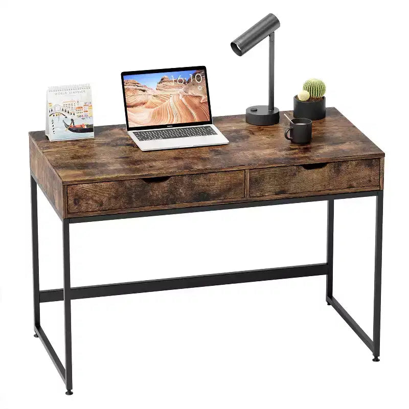 Bureau d'ordinateur de 109 cm avec 2 tiroirs et cadre métallique – Table d'écriture pour bureau à domicile