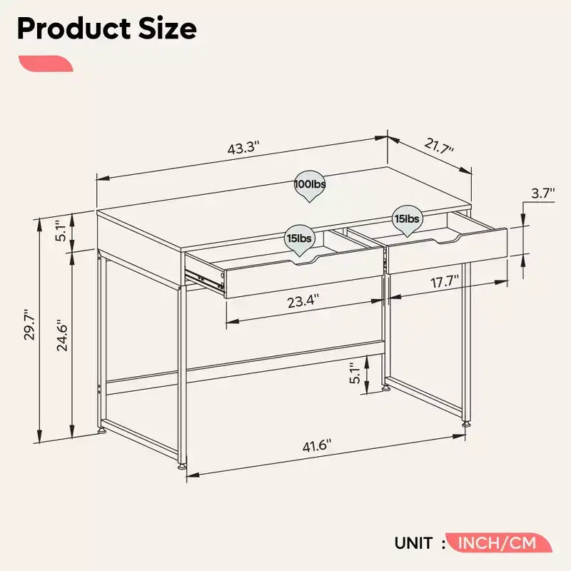 Bureau d'ordinateur de 109 cm avec 2 tiroirs et cadre métallique – Table d'écriture pour bureau à domicile