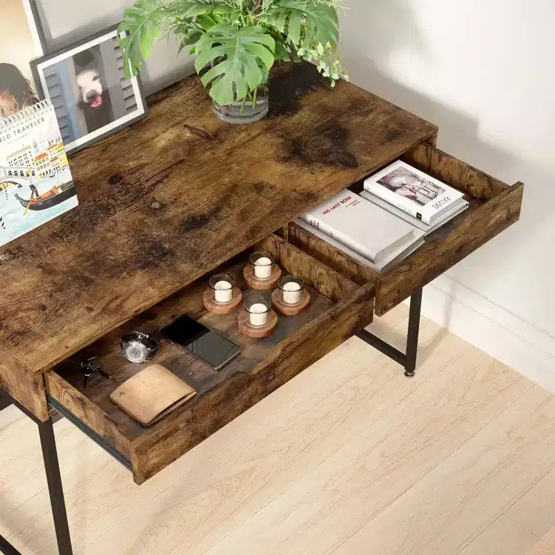 Bureau d'ordinateur de 109 cm avec 2 tiroirs et cadre métallique – Table d'écriture pour bureau à domicile