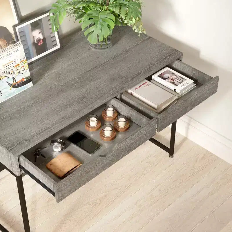 Bureau d'ordinateur de 109 cm avec 2 tiroirs et cadre métallique – Table d'écriture pour bureau à domicile