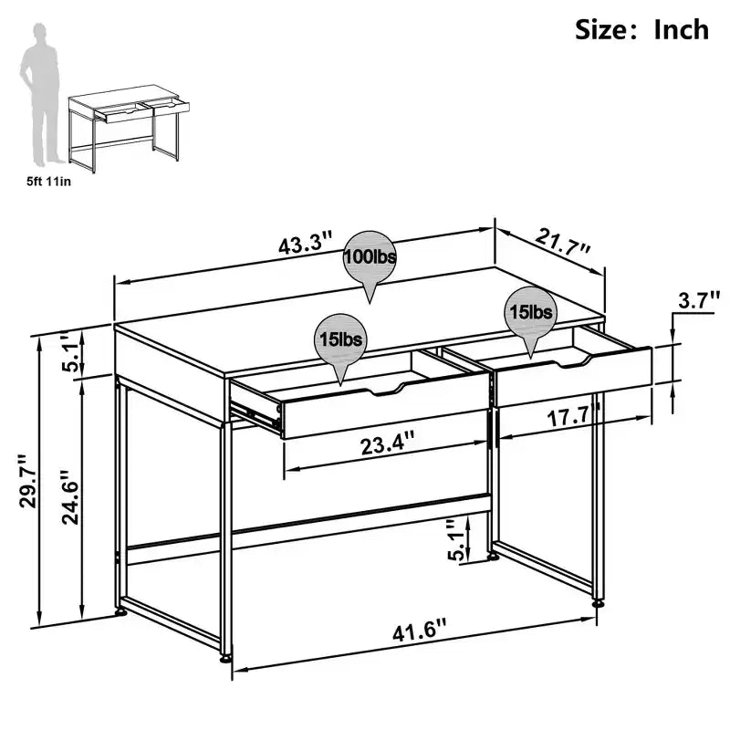 Bureau d'ordinateur de 109 cm avec 2 tiroirs et cadre métallique – Table d'écriture pour bureau à domicile