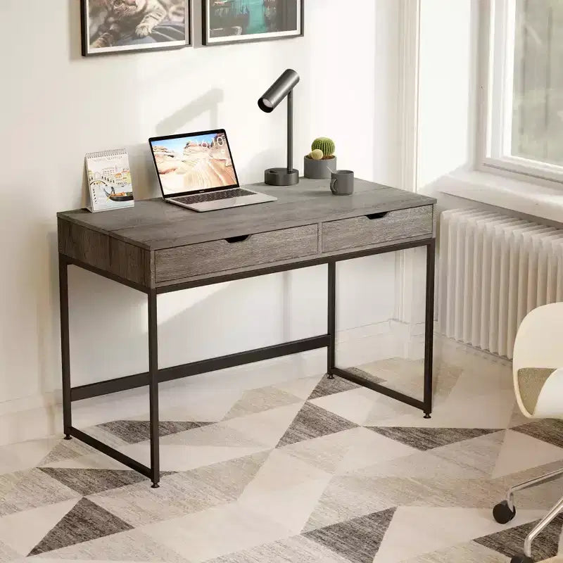 Bureau d'ordinateur de 109 cm avec 2 tiroirs et cadre métallique – Table d'écriture pour bureau à domicile