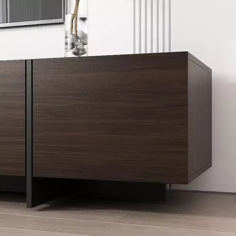 Meuble TV long marron avec finition veinage bois et 4 tiroirs