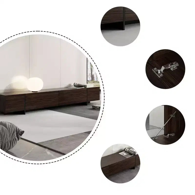 Meuble TV long marron avec finition veinage bois et 4 tiroirs