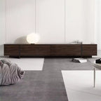Meuble TV long marron avec finition veinage bois et 4 tiroirs