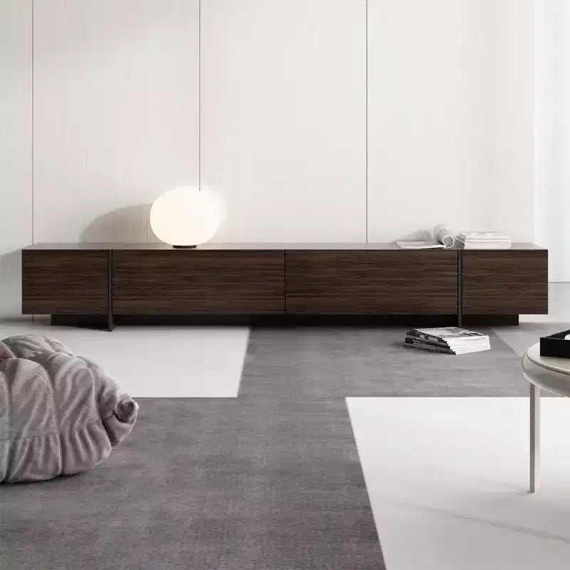 Meuble TV long marron avec finition veinage bois et 4 tiroirs