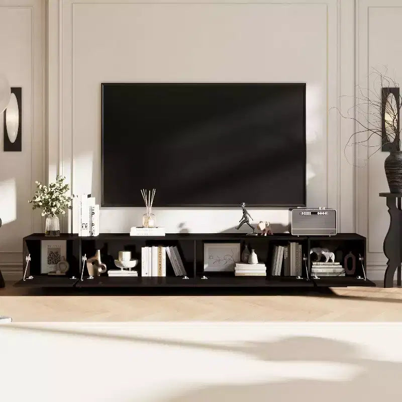 Meuble TV long marron avec finition veinage bois et 4 tiroirs