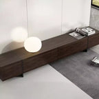 Meuble TV long marron avec finition veinage bois et 4 tiroirs
