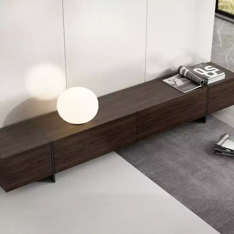 Meuble TV long marron avec finition veinage bois et 4 tiroirs