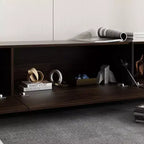 Meuble TV long marron avec finition veinage bois et 4 tiroirs