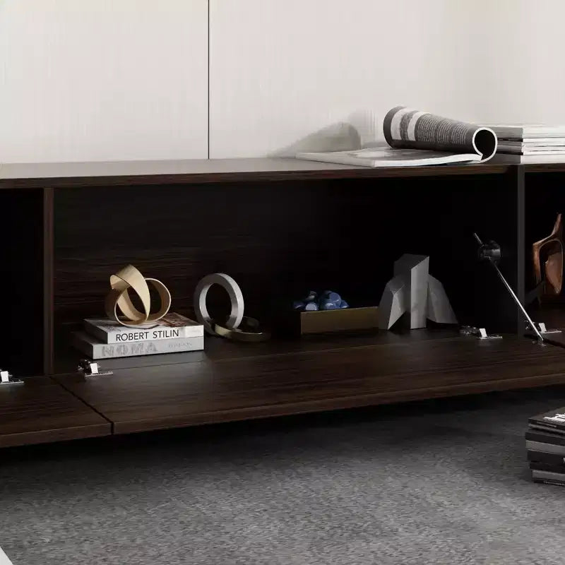 Meuble TV long marron avec finition veinage bois et 4 tiroirs