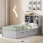 Cadre de lit simple moderne gris avec ports USB intégrés, tête de lit-bibliothèque et deux tiroirs