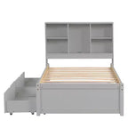 Cadre de lit simple moderne gris avec ports USB intégrés, tête de lit-bibliothèque et deux tiroirs