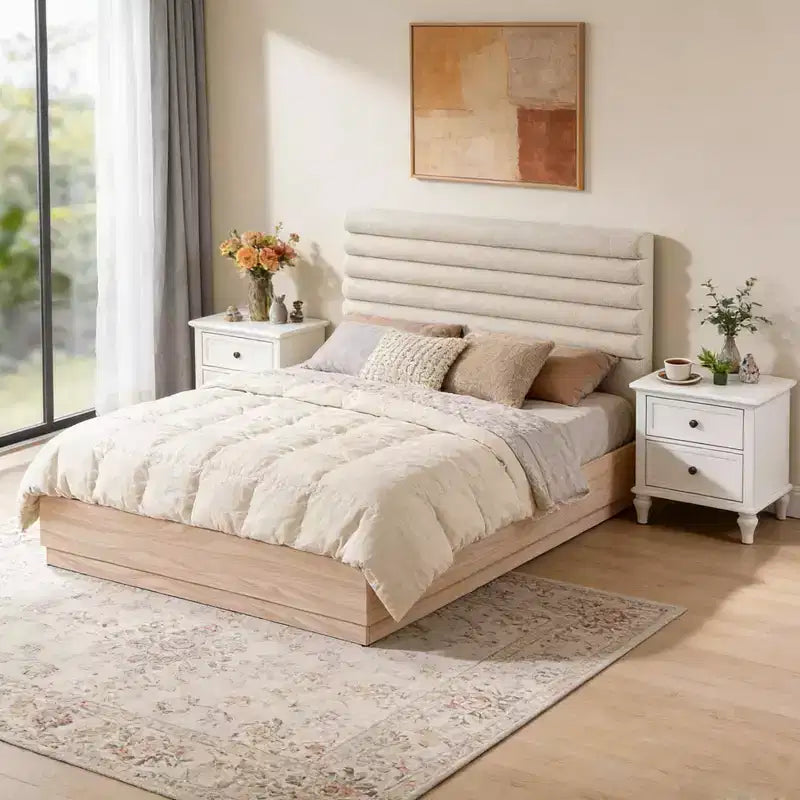 Cadre de lit contemporain en bois avec tête de lit capitonnée en boucle taupe