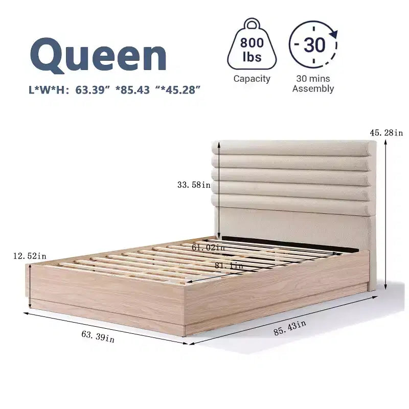 Cadre de lit contemporain en bois avec tête de lit capitonnée en boucle taupe