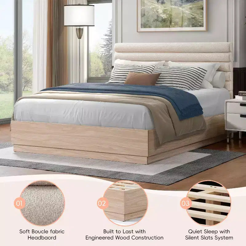 Cadre de lit contemporain en bois avec tête de lit capitonnée en boucle taupe