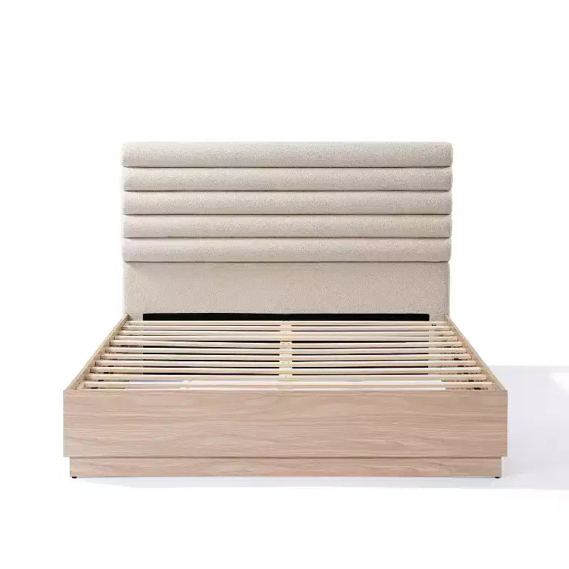 Cadre de lit contemporain en bois avec tête de lit capitonnée en boucle taupe