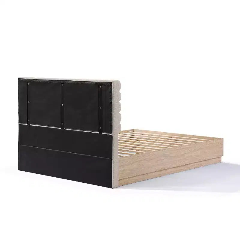 Cadre de lit contemporain en bois avec tête de lit capitonnée en boucle taupe