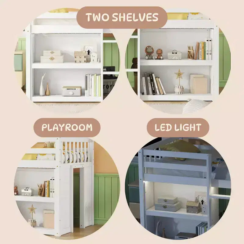 Lit mezzanine bas simple pour enfant avec étagères à deux niveaux et lumière LED