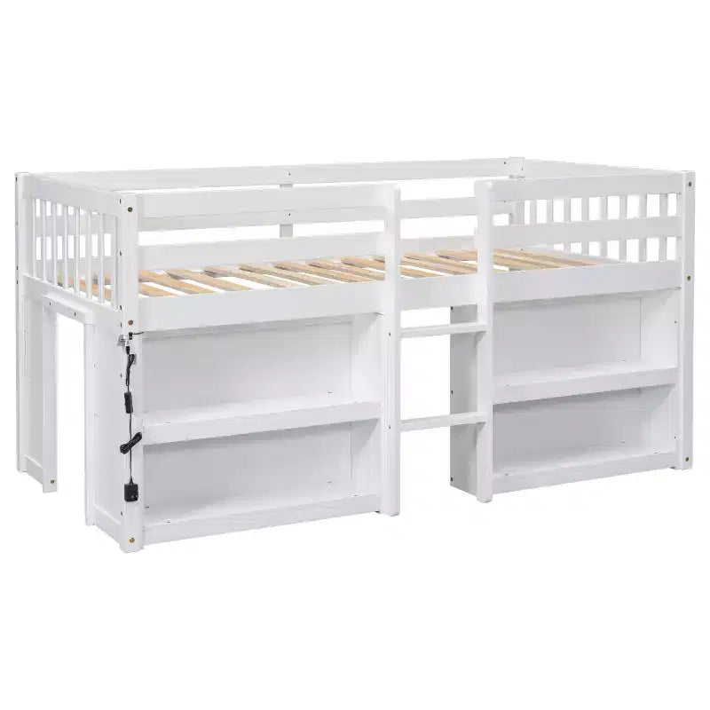 Lit mezzanine bas simple pour enfant avec étagères à deux niveaux et lumière LED