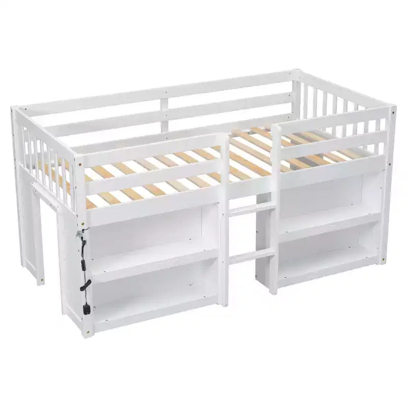 Lit mezzanine bas simple pour enfant avec étagères à deux niveaux et lumière LED
