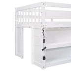 Lit mezzanine bas simple pour enfant avec étagères à deux niveaux et lumière LED