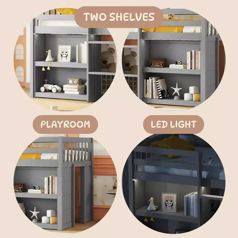 Lit mezzanine bas simple pour enfant avec étagères à deux niveaux et lumière LED