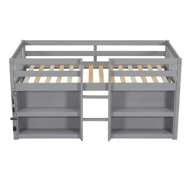 Lit mezzanine bas simple pour enfant avec étagères à deux niveaux et lumière LED