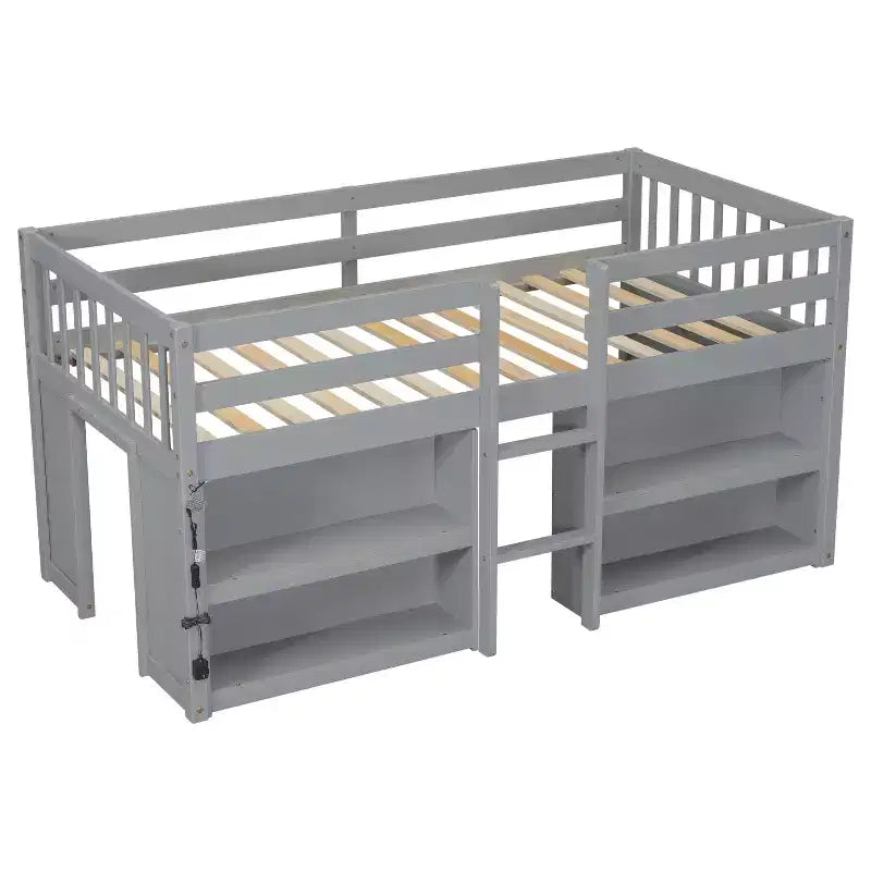 Lit mezzanine bas simple pour enfant avec étagères à deux niveaux et lumière LED