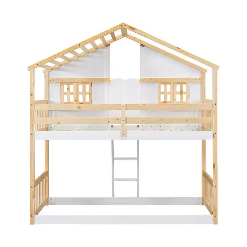 Lit superposé maison jumeau sur jumeau avec toit, fenêtre, porte et barrières de sécurité