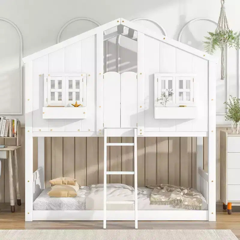 Lit superposé maison jumeau sur jumeau avec toit, fenêtre, porte et barrières de sécurité