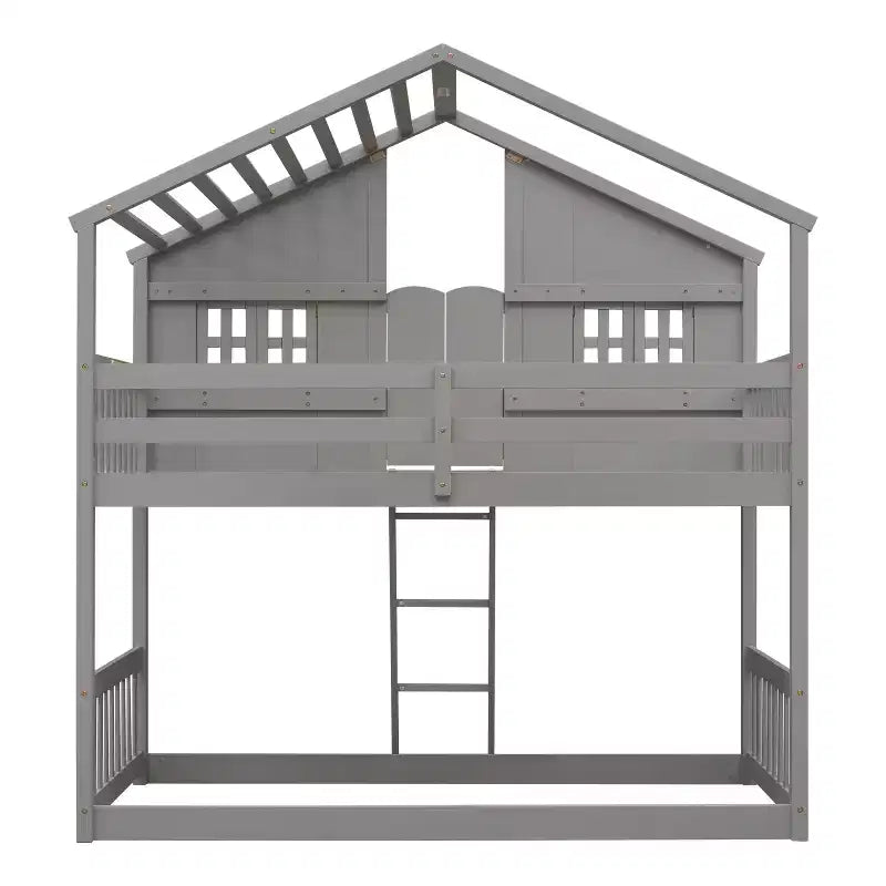 Lit superposé maison jumeau sur jumeau avec toit, fenêtre, porte et barrières de sécurité