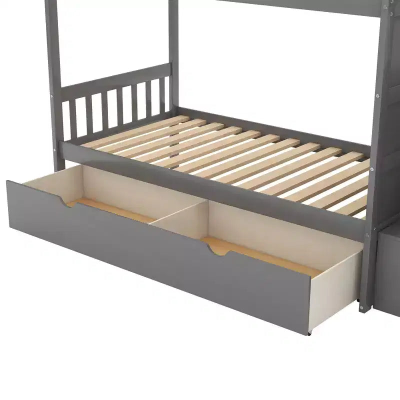 Lit superposé double/grand convertible avec étagères de rangement et tiroirs