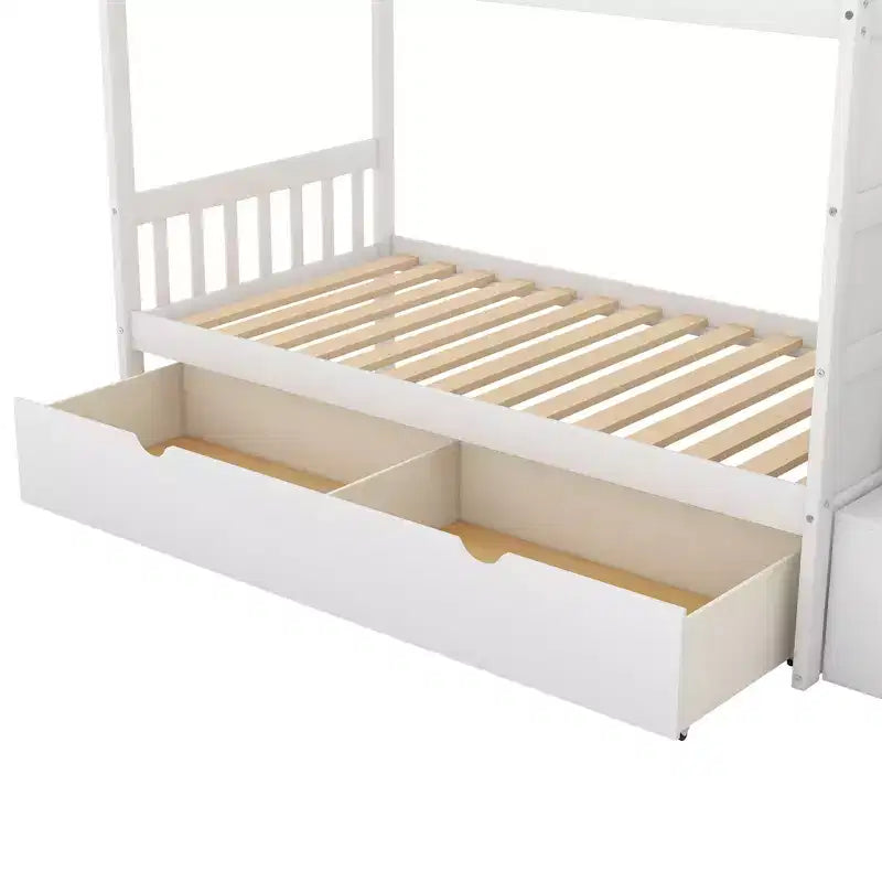 Lit superposé double/grand convertible avec étagères de rangement et tiroirs