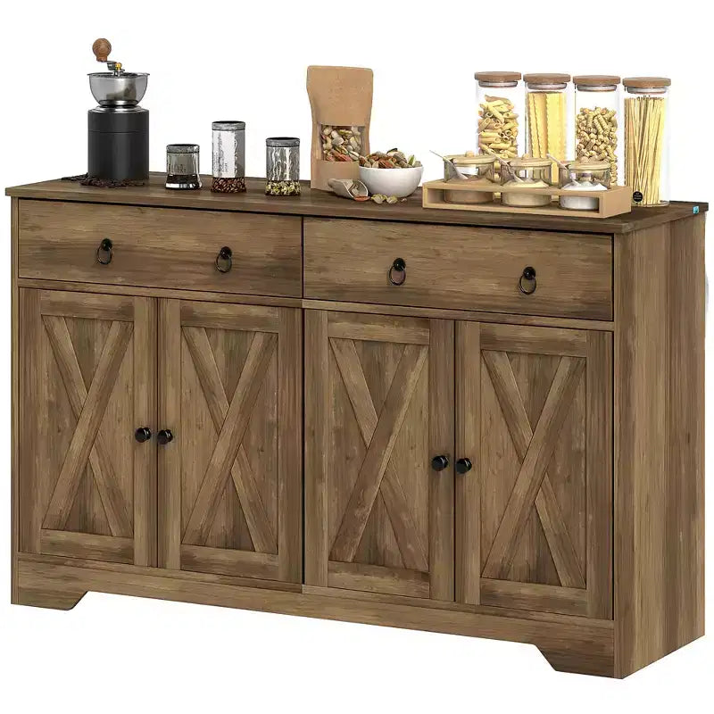 Buffet de cuisine de style campagnard avec portes coulissantes, 2 tiroirs et étagères réglables