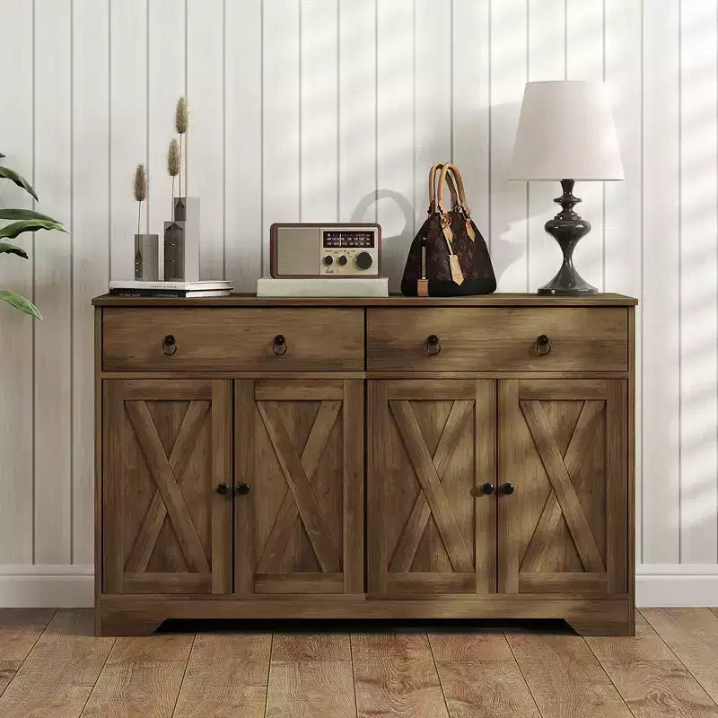 Buffet de cuisine de style campagnard avec portes coulissantes, 2 tiroirs et étagères réglables