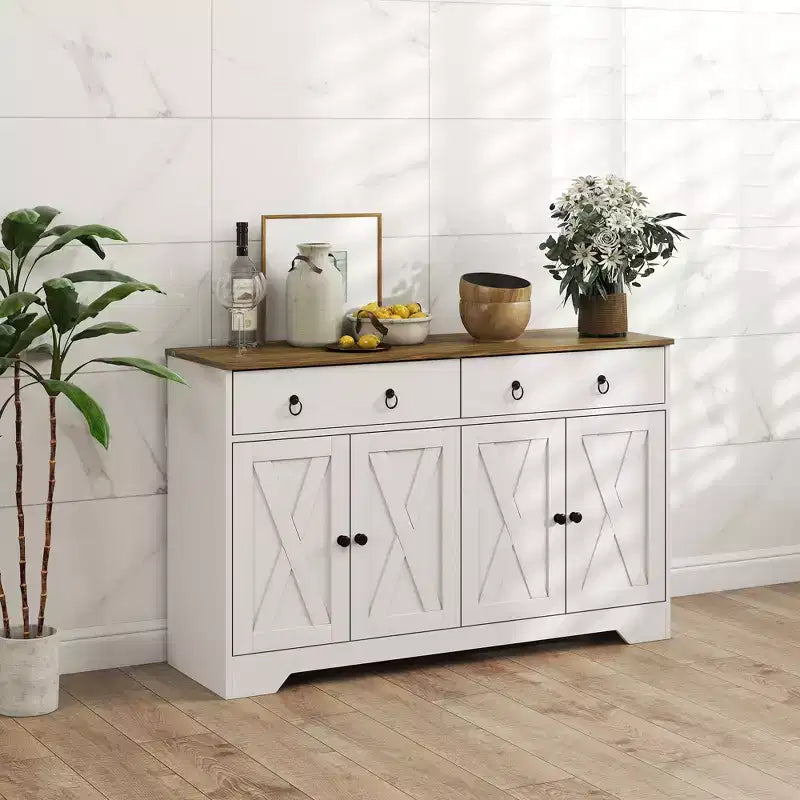 Buffet de cuisine de style campagnard avec portes coulissantes, 2 tiroirs et étagères réglables