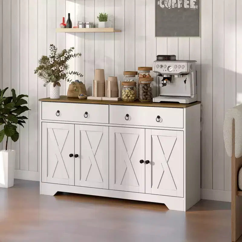 Buffet de cuisine de style campagnard avec portes coulissantes, 2 tiroirs et étagères réglables