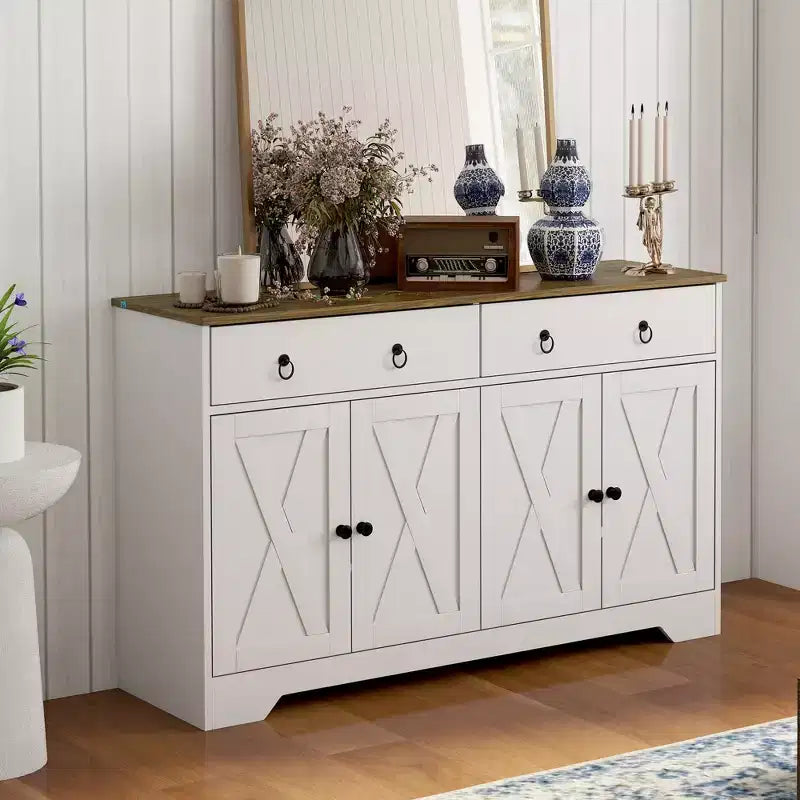 Buffet de cuisine de style campagnard avec portes coulissantes, 2 tiroirs et étagères réglables