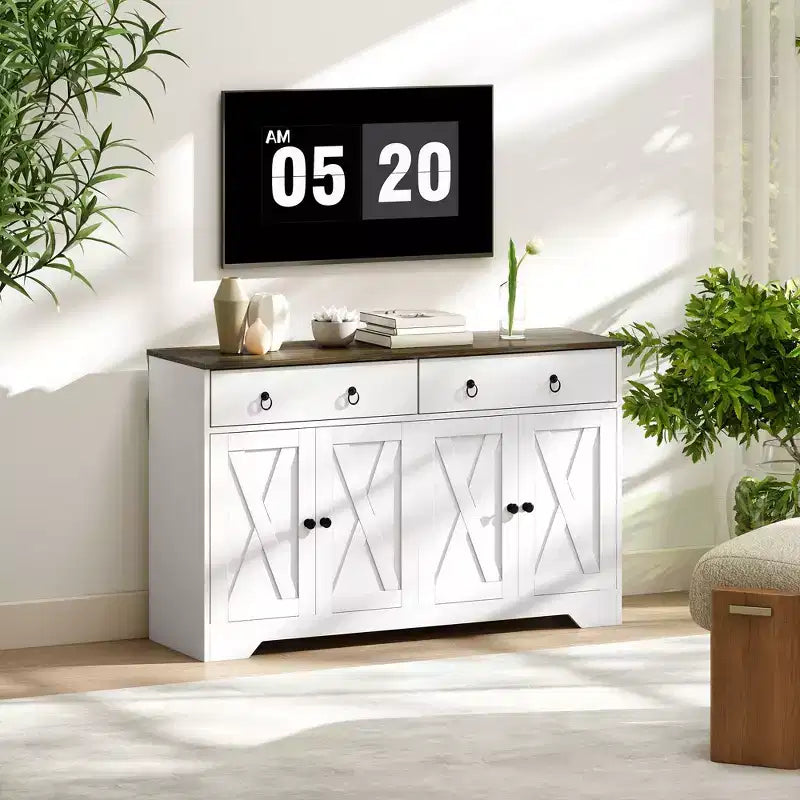 Buffet de cuisine de style campagnard avec portes coulissantes, 2 tiroirs et étagères réglables
