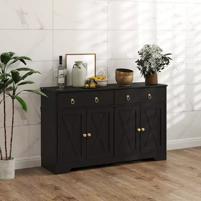 Buffet de cuisine de style campagnard avec portes coulissantes, 2 tiroirs et étagères réglables