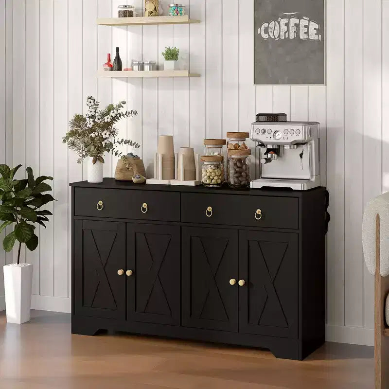 Buffet de cuisine de style campagnard avec portes coulissantes, 2 tiroirs et étagères réglables